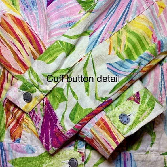 🐠 Chicos Tropical Floral Linen Blend Jacket, Pre-Owned, Size 3 (16) 🌺 - Picture 10 of 12